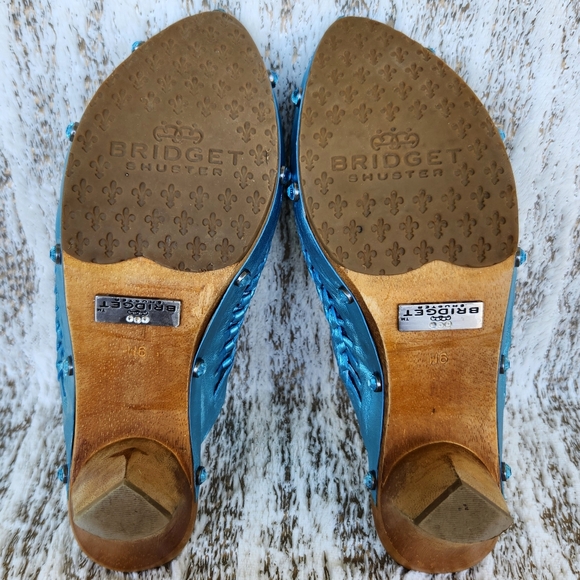 Bridget Shuster "Abba" Metallic Leather Clog Mules Blue Wood | Women's Size 9M - Picture 8 of 13